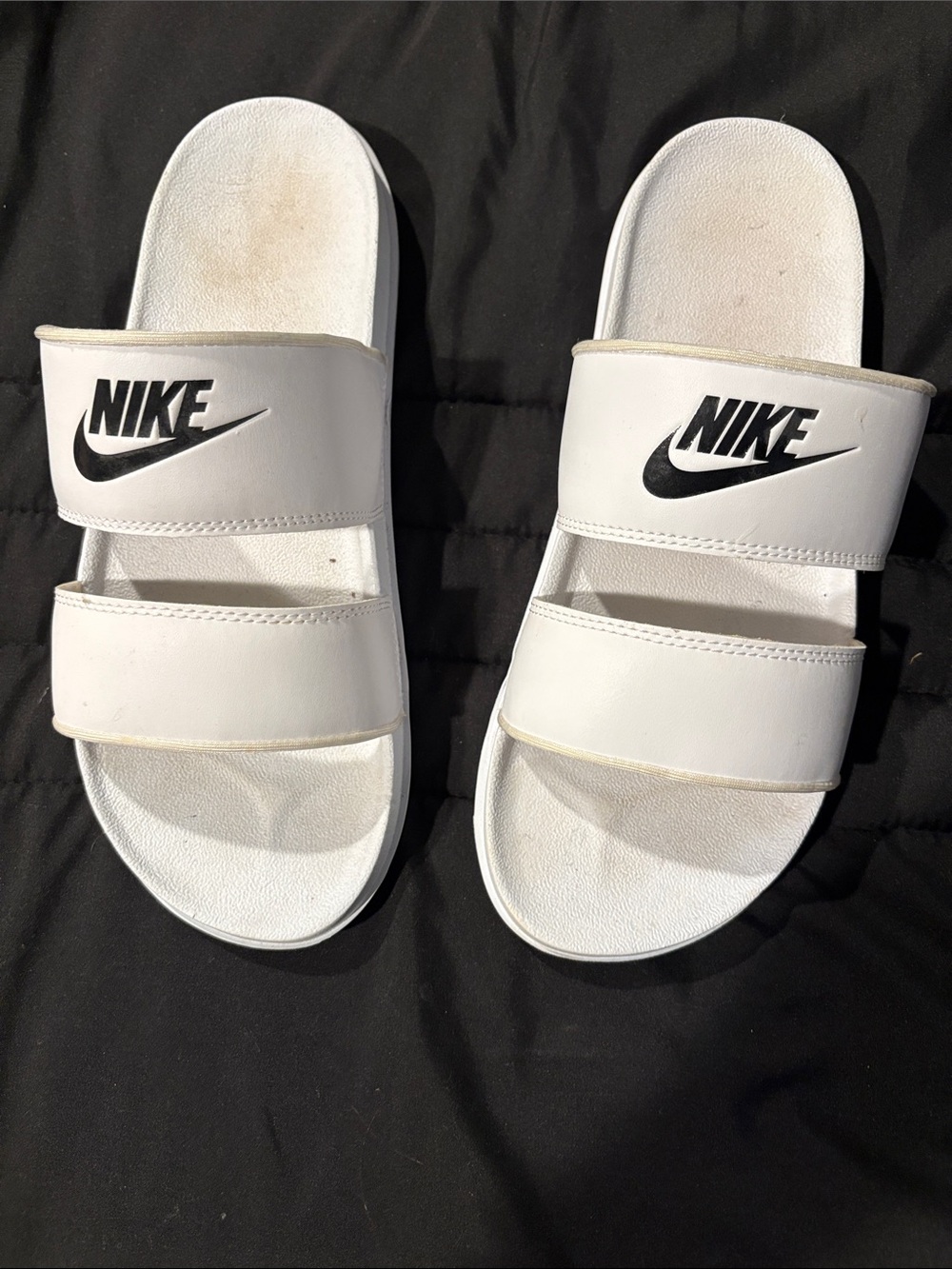 Nike women's White Double-Strap Slide Sandals with Black Logo